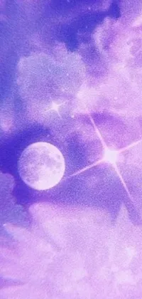 This live phone wallpaper features a digital art piece of a full moon in a purple sky