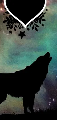 Enhance your phone's screen with a captivating wallpaper! This digital art masterpiece features a wolf silhouette standing against a heart-shaped night sky backdrop, complete with sparkling stars above