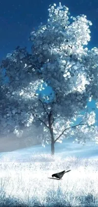 This phone live wallpaper portrays a beautiful painting of a tree and bird in a frozen field, with a calming blue and white color scheme