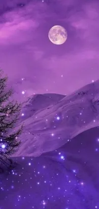 This beautiful live wallpaper depicts a snowy tree amidst the mountains with a full moon in the purple sky full of stars
