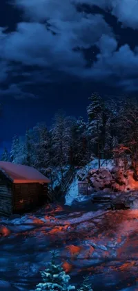 This phone live wallpaper depicts a small cabin situated amidst a snow-laden forest