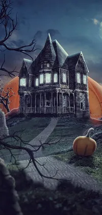 Get into the Halloween spirit with this spooky live wallpaper for your phone! Featuring a creepy house with pumpkins in front, this digital art was created by a talented artist for ultimate realism