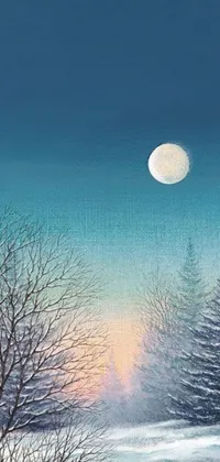 This live wallpaper features a wintry scene with snowy landscape and full moon