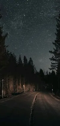This phone live wallpaper displays a serene night scene of a forest road with dark background and stars shining above