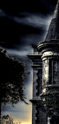 This live phone wallpaper showcases a mesmerizing black and white gothic art photograph of a clock tower