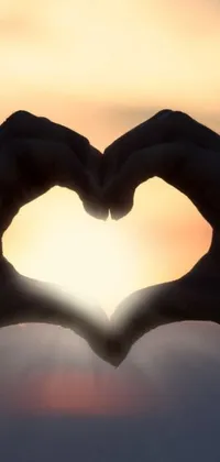 Get this beautiful and heartwarming live wallpaper for your phone! Our close-up image showcases a person making a heart shape with their hands against a stunning sunrise backdrop