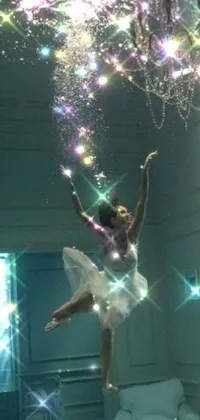 This phone live wallpaper showcases a stunning scene of a woman flying through the air under a magnificent chandelier, with a holographic aura