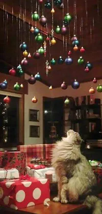 Get in the holiday spirit with this phone live wallpaper featuring an adorable dog and playful cat in a whimsical Tumblr-inspired scene