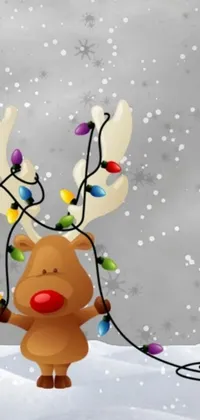 Get in the festive spirit with this adorable reindeer live wallpaper for your phone! Featuring a cartoonish reindeer standing in the snow, surrounded by hanging string lights, this wallpaper is perfect for the holiday season