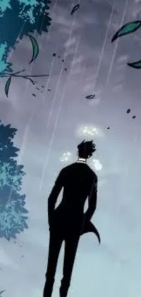 This phone live wallpaper depicts a lone figure standing in the rain and gazing upwards in a scene inspired by comic book art