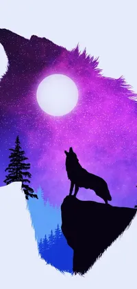 This live phone wallpaper showcases an awe-inspiring image of a wolf standing on top of a mountain under a surreal and captivating purple sky