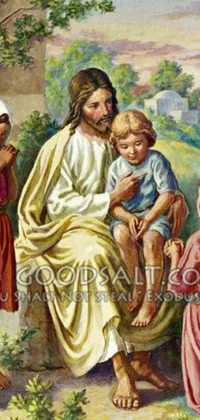 This stunning live wallpaper depicts a heartwarming scene featuring Jesus surrounded by children in a beautiful landscape