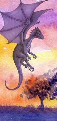 Looking for a stunning live wallpaper for your phone? Look no further than this breathtaking depiction of a black dragon flying through a violet and yellow sunset