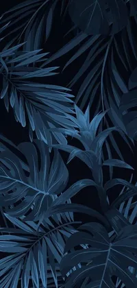 This live wallpaper features a close-up of palm leaves on a black background, illustrated by a digital painting