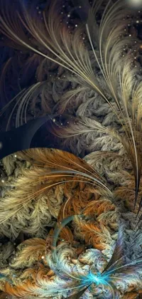 Looking for a stunning phone live wallpaper that showcases exquisite digital art? Look no further than this mesmerizing artwork featuring intricate details of feathers, ice needles, galactic gold, and airbrush touches