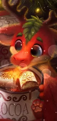 This phone live wallpaper showcases a delightful artwork of a reindeer holding cocoa, complemented by a cute little dragon breathing fire