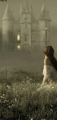 This live wallpaper showcases a breathtaking image of a lone woman standing amidst a vast field, with a small castle in the distance