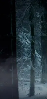 This phone live wallpaper depicts a man riding a horse through a snowy forest with a mysterious creature lurking in the background