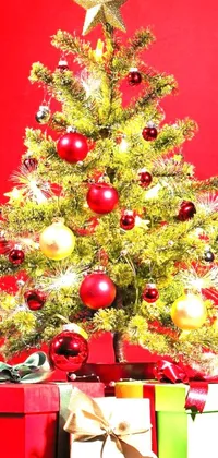 This live wallpaper captures the essence of Christmas with a small tree in front of a vibrant red wall