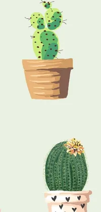 This phone live wallpaper features vector art of various potted plants set against a green backdrop