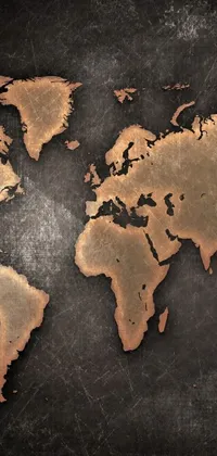This phone live wallpaper features a world map on a black background with rusted metal textures