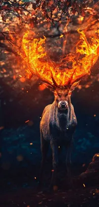 This phone live wallpaper showcases a stunning digital artwork of a deer with fiery antlers
