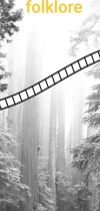 This live phone wallpaper features a black and white film strip, portraying a variety of natural and urban settings such as a foggy redwood forest and a snow-covered forest