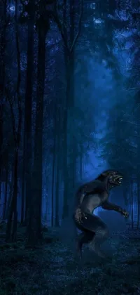 This phone live wallpaper depicts a thrilling scene of a man running through a dark forest at night