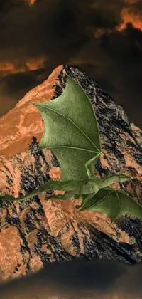This phone live wallpaper showcases a digital art and photo mix of a green dragon perched on a mountain