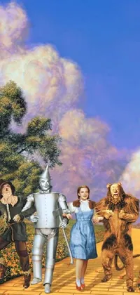 This phone live wallpaper showcases a vibrant painting of the famous Wizard of Oz walking alongside his companions on a yellow brick road