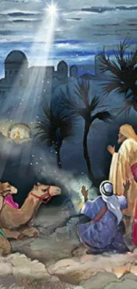 Enjoy a stunning live wallpaper for your phone featuring a nativity painting with three wise men and a baby Jesus amidst vivid colors and gold and silver accents