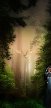 This forest live wallpaper depicts a mystic woman holding a lantern and accompanied by a wise owl in a serene forest setting