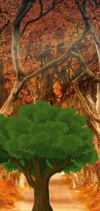 This live phone wallpaper features a realistic digital painting of a tree in a dense forest