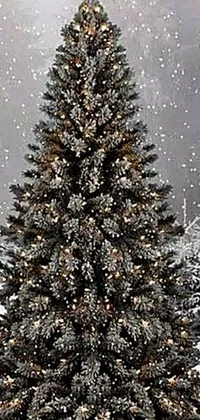 This phone live wallpaper features a stunning digital rendering of a baroque-style Christmas tree covered in snow and white lights