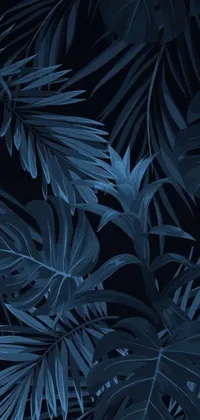 This phone live wallpaper features a bunch of dark blue leaves set against a black background, with palm trees and woods creating a tropical and natural vibe