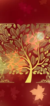 This phone live wallpaper features a stunning golden tree adorned with leaves set against a vibrant red background