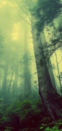 This phone live wallpaper features a serene forest filled with tall trees, enveloped in green fog, ideal for your iPhone's background or profile picture
