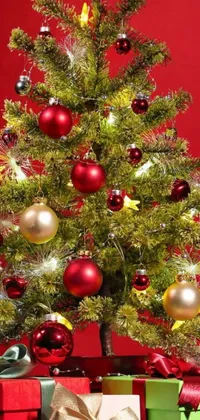 Get in the festive spirit with this colorful live Christmas wallpaper! The close-up detailed branches of a rich red Christmas tree are decorated with thin, delicate ornaments and twinkling lights