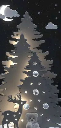 Enjoy a charming Christmas-themed live wallpaper for your phone - a lovable teddy bear seated beside a wonderfully adorned Christmas tree