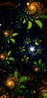This live wallpaper features a painting of flowers and leaves on a black background, inspired by space art and Benoit B