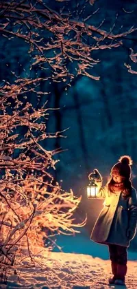 This mobile live wallpaper features a stunning winter scene with a child in the snow holding a bright lantern