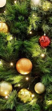 This Christmas-themed phone live wallpaper features a close-up of a green and gold Christmas tree with shining ornaments against a warm and cozy artificial lighting