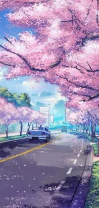 This phone live wallpaper features a picturesque street with pink flowering trees, an anime drawing, and a sunny daytime setting