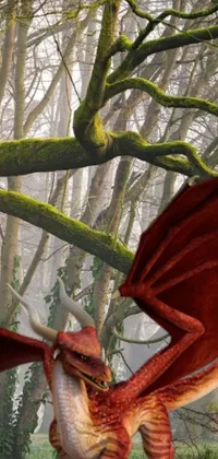This phone live wallpaper features a stunning digital rendering of a red dragon in flight through a lush forest