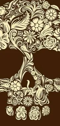 This phone live wallpaper features a stunning floral skull on a brown background