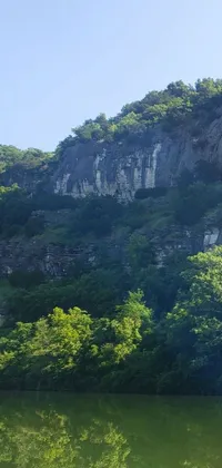 This stunning live wallpaper for your phone features a beautifully detailed mountain and natural cave wall adjacent to a peaceful body of water