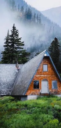 Looking for an amazing live wallpaper for your phone? Look no further than this stunning design featuring a cozy cabin perched atop a verdant green hillside