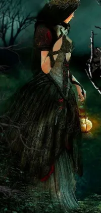 Introducing a phone live wallpaper of a digital art gothic scene featuring a mysterious woman in a green dress holding a lantern in a dark forest