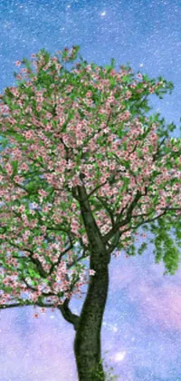 This live wallpaper features a detailed, digital rendering of a Tree with Pink Flowers painting, inspired by nature and naive art