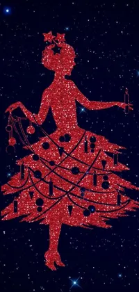 Enhance your device screen with this stunning live wallpaper full of surrealism! A woman wearing a red dress sits on a beautifully crafted chair while a Christmas tree sparkles in the background